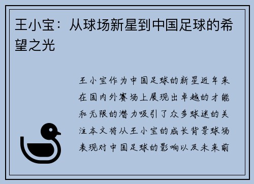 王小宝：从球场新星到中国足球的希望之光
